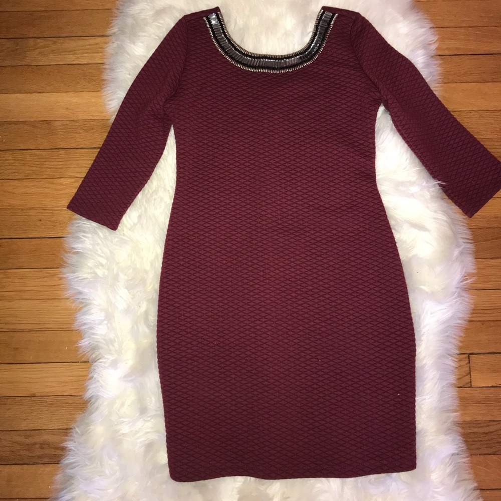 Burgundy Maroon Quilted Look Dress